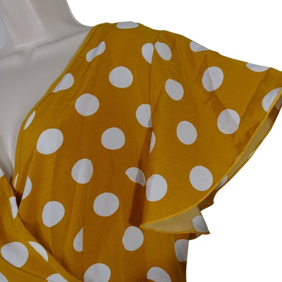 Shein Yellow Gold Polka Dot Wrap-Style Romper Women Size OXL 12 Flutter Sleeves - Picture 2 of 11